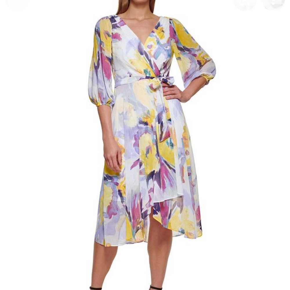 🎉HP🎉 DKNY Balloon Sleeve Wrap Chiffon Dress